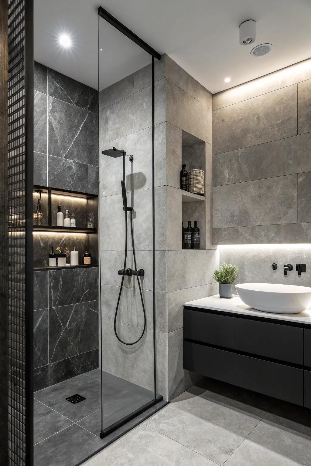Achieve a timeless elegance with a monochrome themed shower floor.
