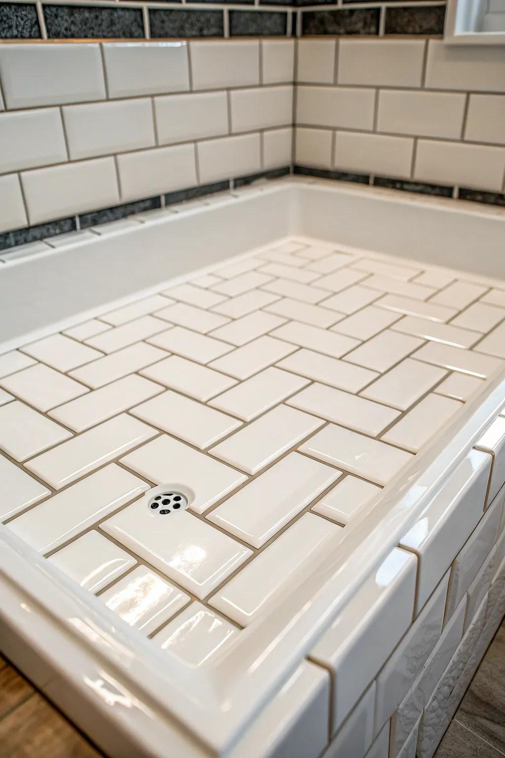 Classic ivory brick style tiles on a shower base, delivering a timeless and tidy style.