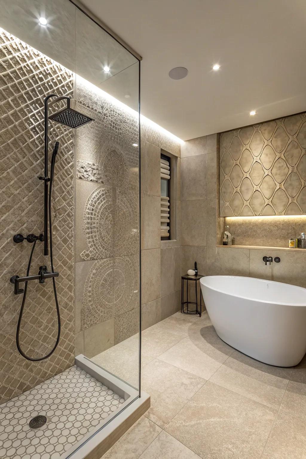 A luxurious shower room featuring layered surfaces for added character.