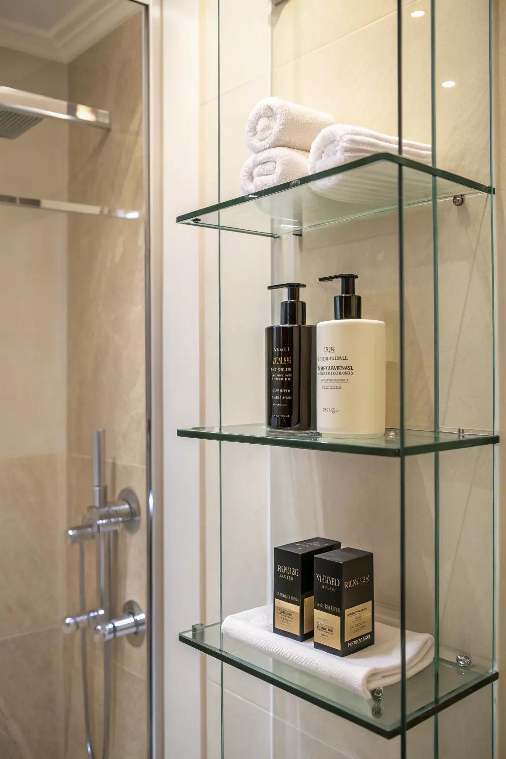 Glass shelves contribute a sophisticated touch to any shower area.