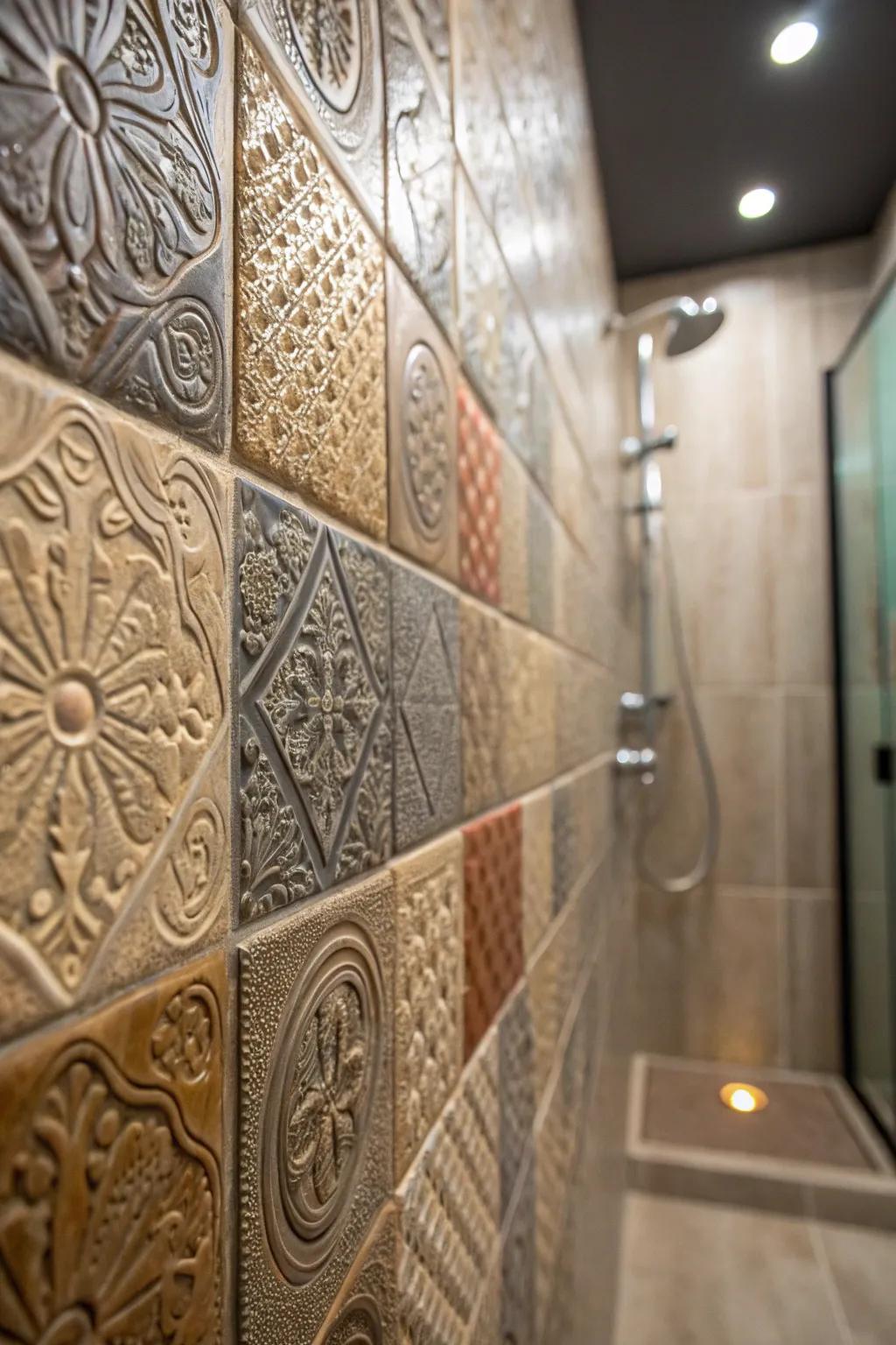 Textured tiles add depth and a tactile experience to the shower.