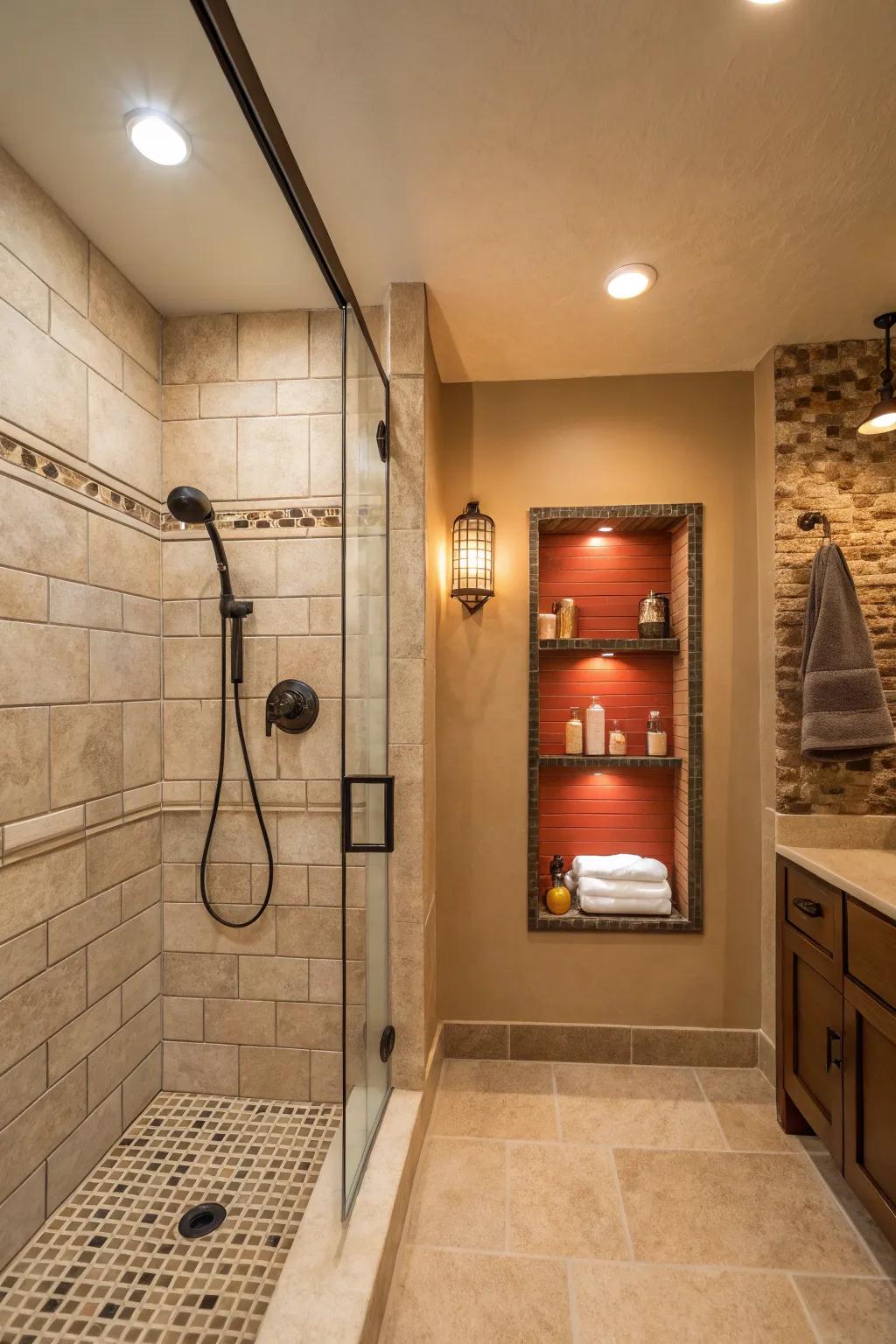 Accent walls with niches improve both style and practicality.