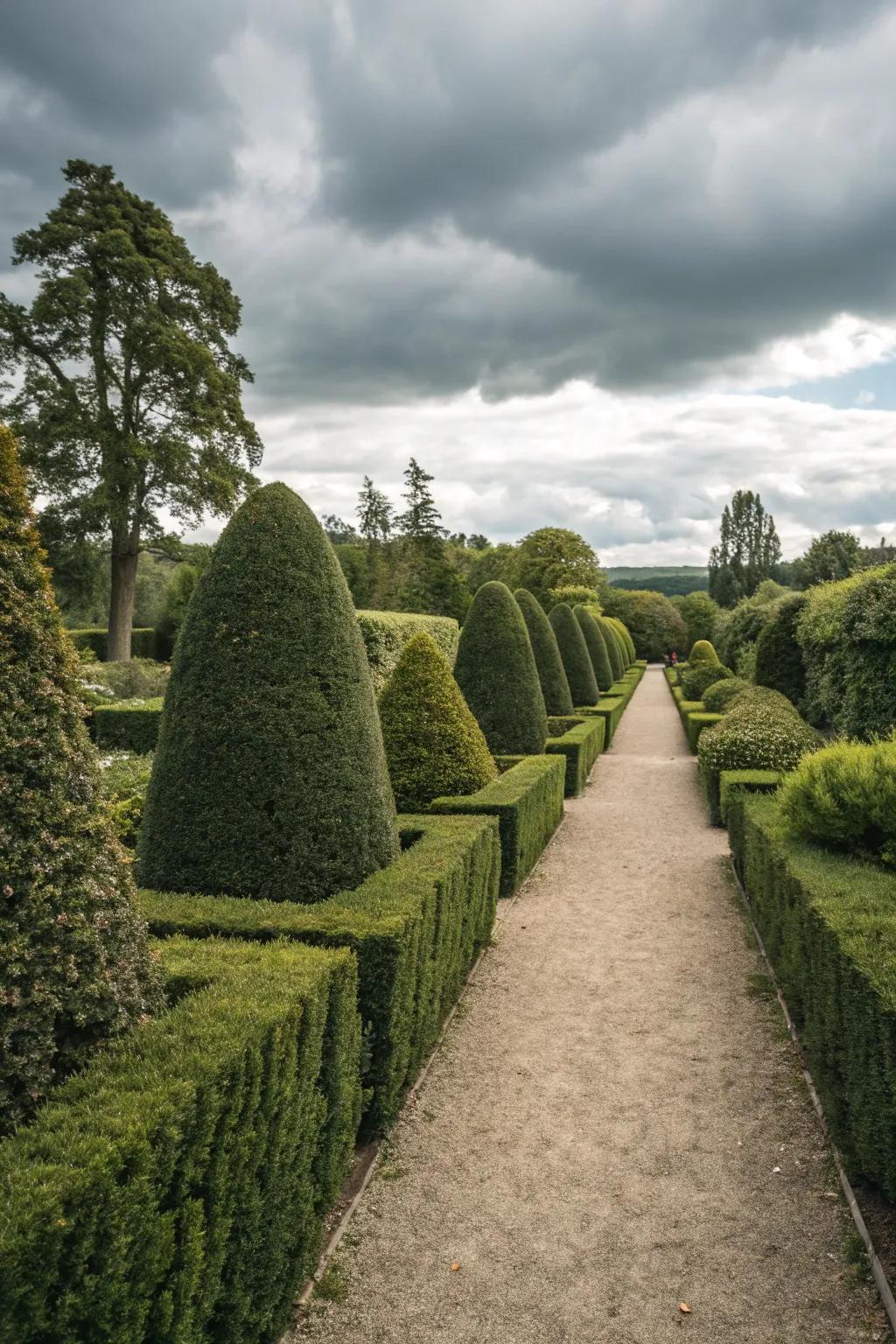 Sculpted formal hedges provide structure and refinement to the garden.