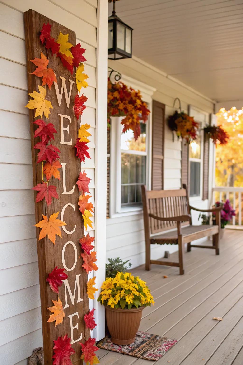 A porch displaying a themed welcome board featuring autumn foliage.