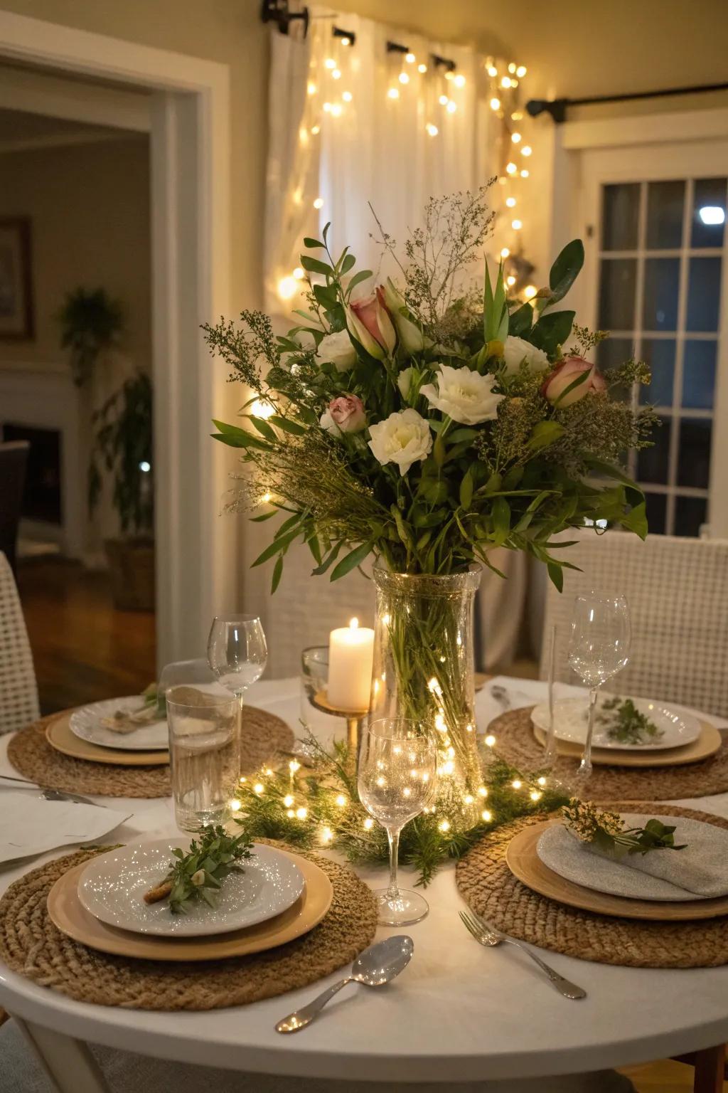 Enchanted lights add a magical glow to this lovely centerpiece.