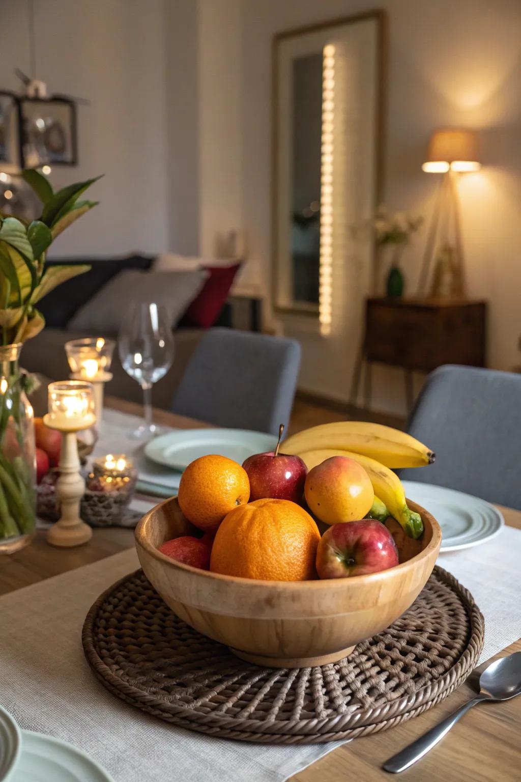 A bowl of fresh fruit serves as a practical centerpiece.