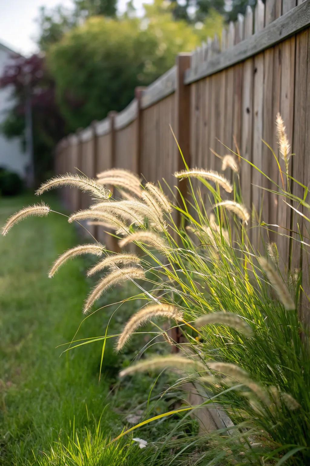 Decorative grasses introduce texture and a hint of untamed allure to any fence space.
