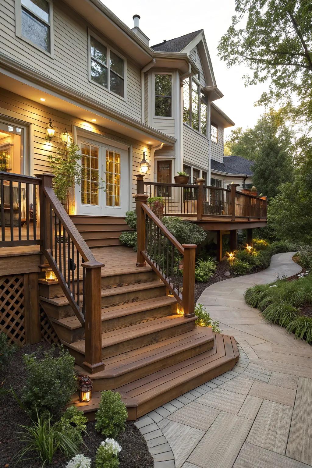 The entrance is made more fascinating and deep by the varied deck levels.