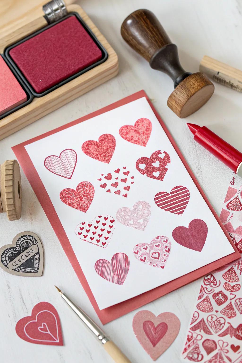 A charming card with stamped hearts, perfect for a personal touch.