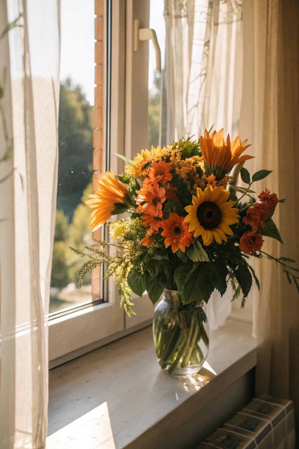 Radiant sunflowers and orange blossoms create a stunning summer centerpiece.