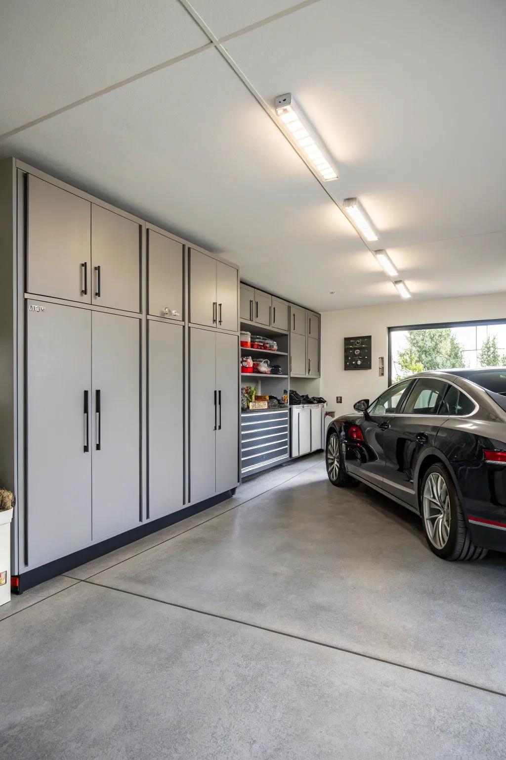 Cabinets provide hidden storage for a neat-looking garage.