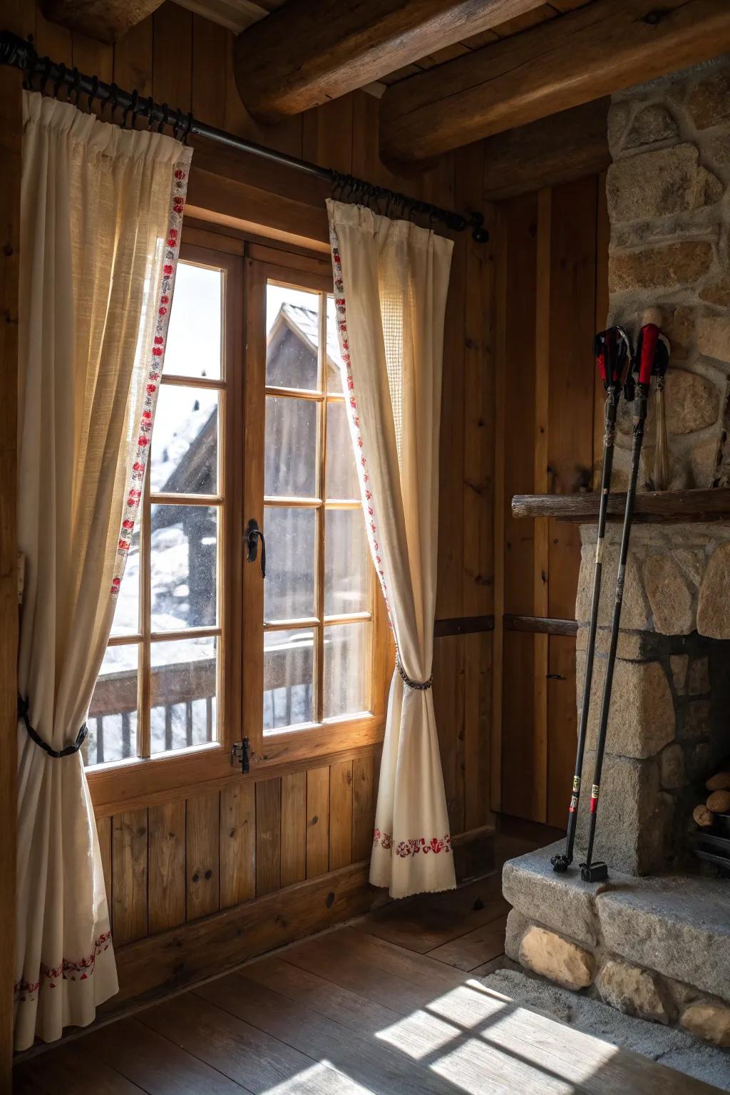 Use ski poles to hold your curtains for a unique and charming touch.