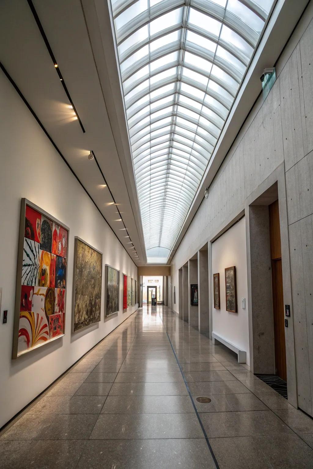 A vibrant hallway revitalized by a skylight running the length of the ceiling.