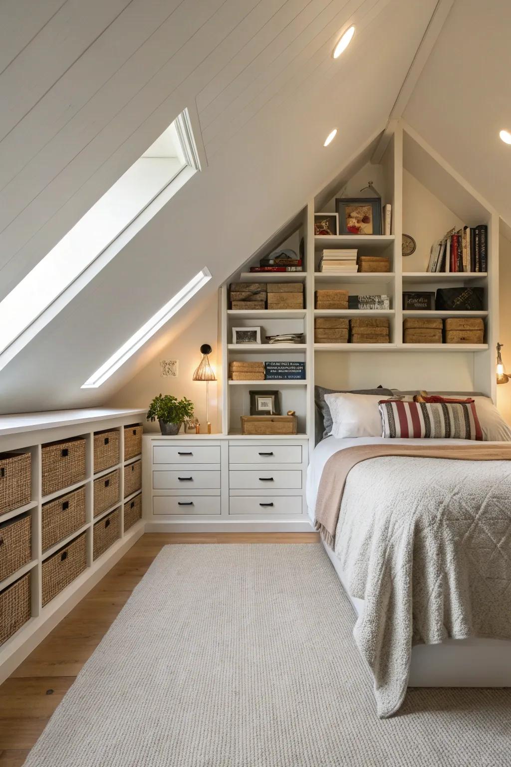 Integrated storage smartly fitted under the sloped ceiling.