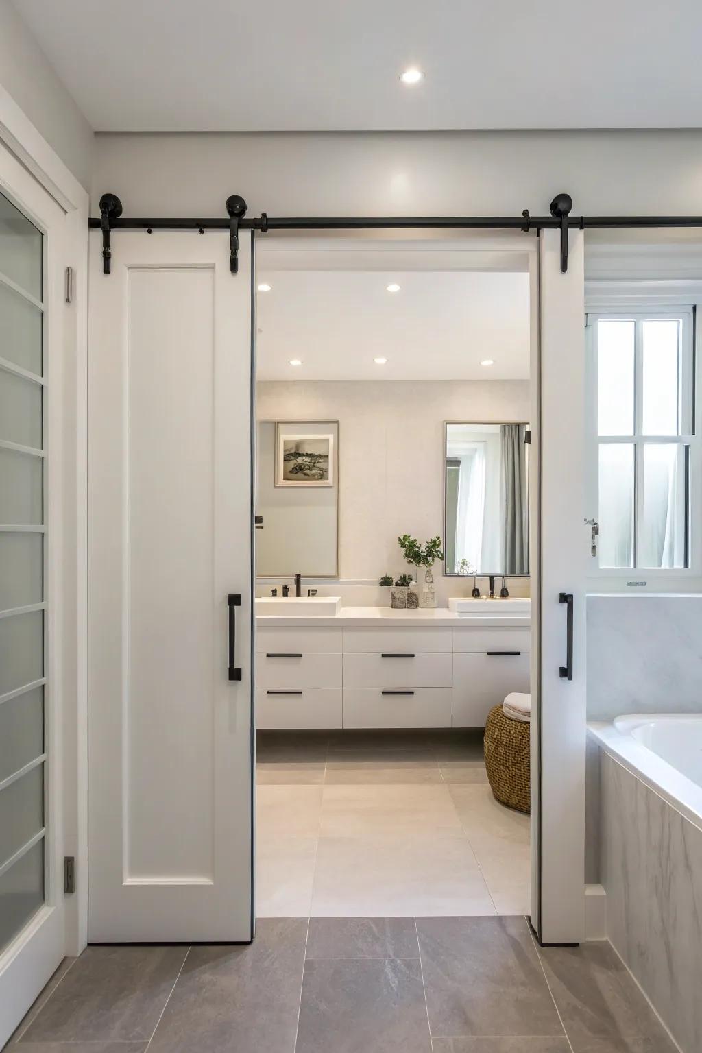The use of minimalist hardware on sliding doors gives this bathroom a sophisticated touch.