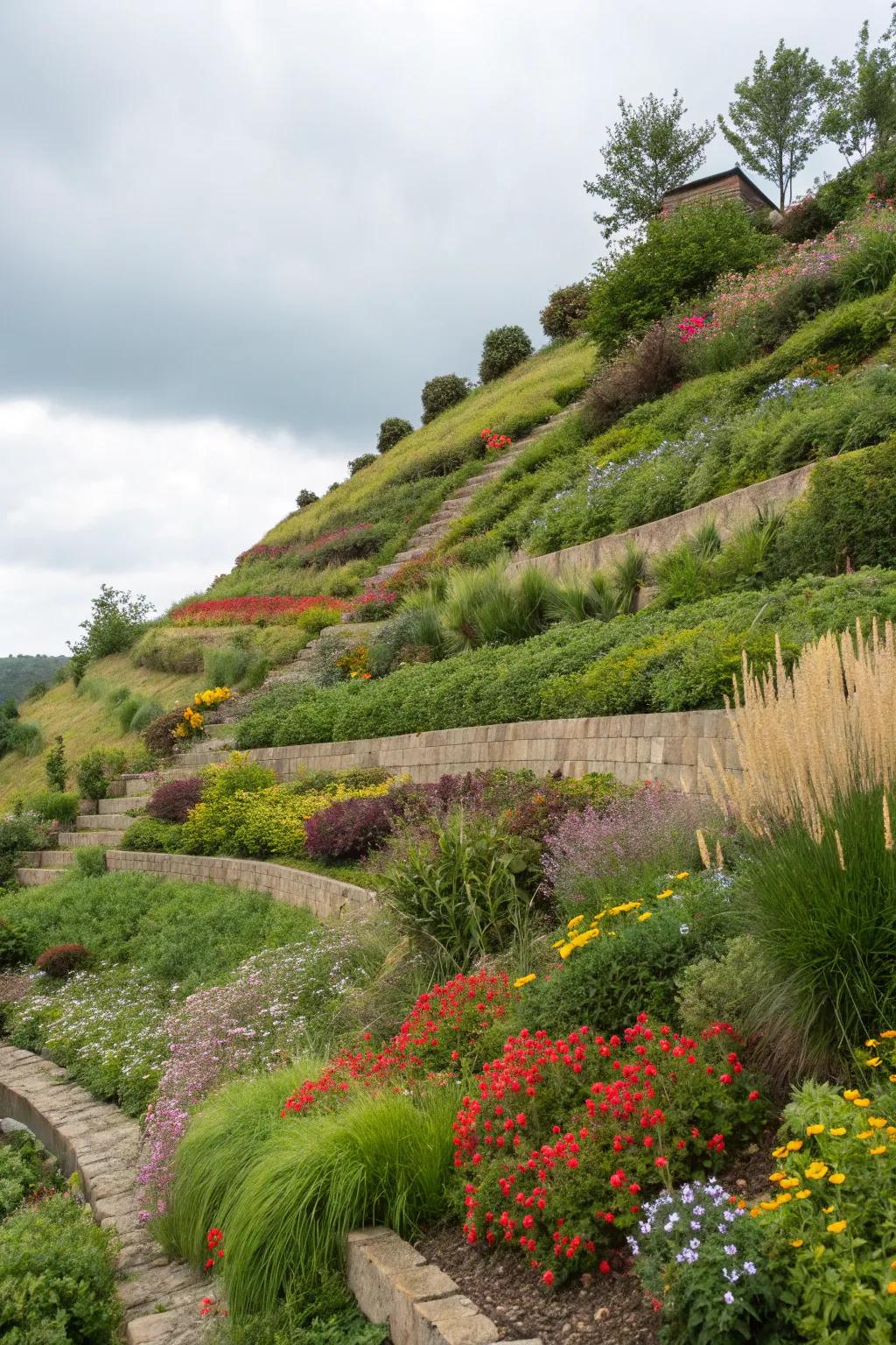 Layering wonderfully segments this slope into functional garden spaces.