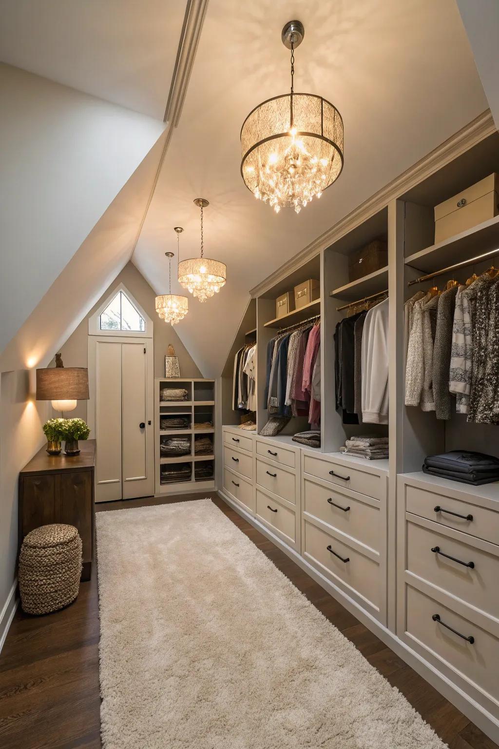 Decorative elements such as rugs and lights make your closet feel welcoming and stylish.