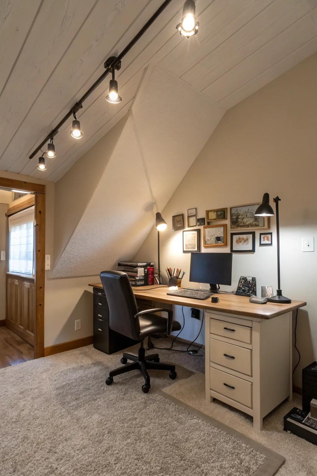 Versatile rail illumination adapts to the angles of angled ceilings.