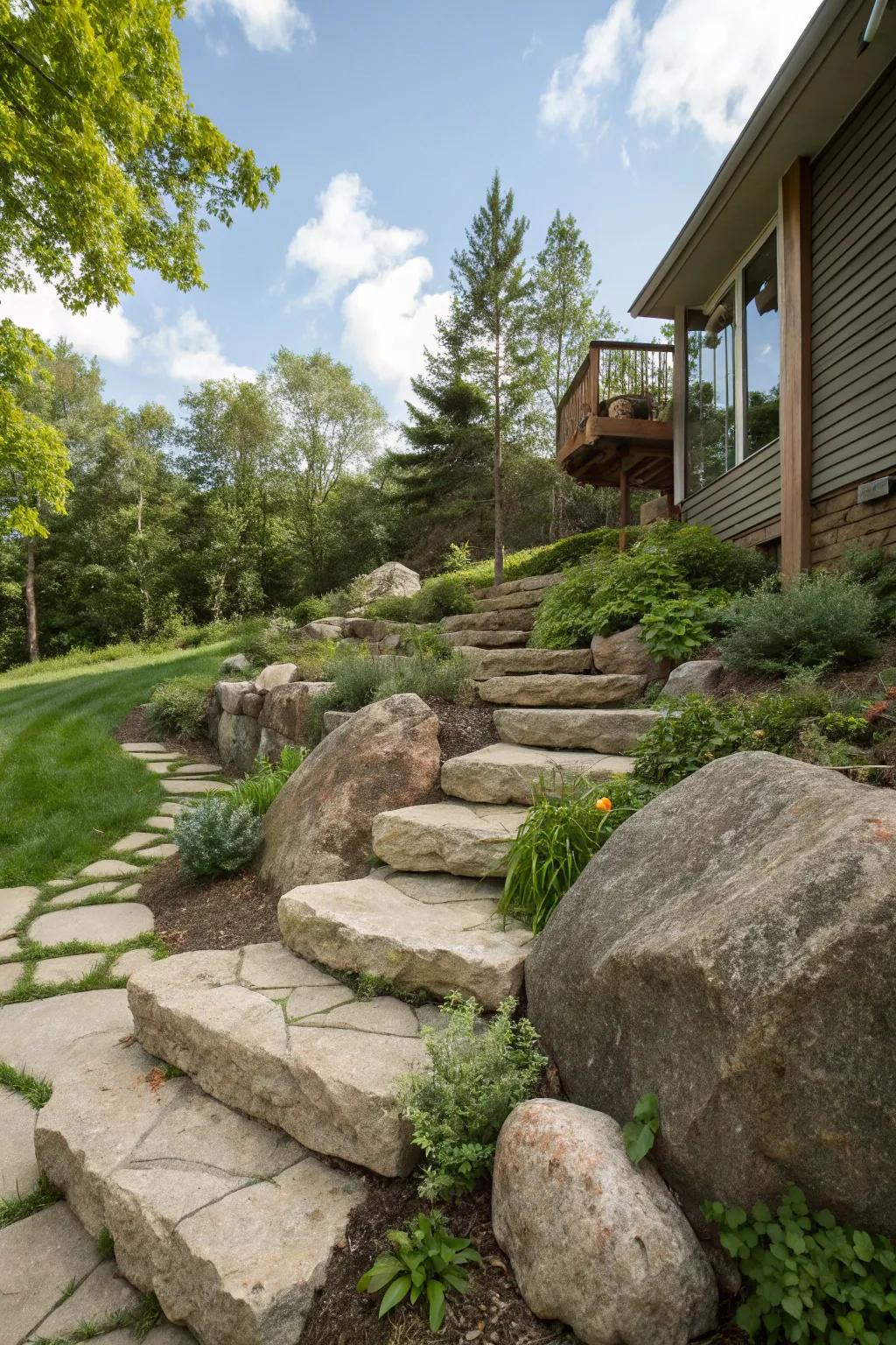 Natural stone components give a sloped yard a rustic charm.