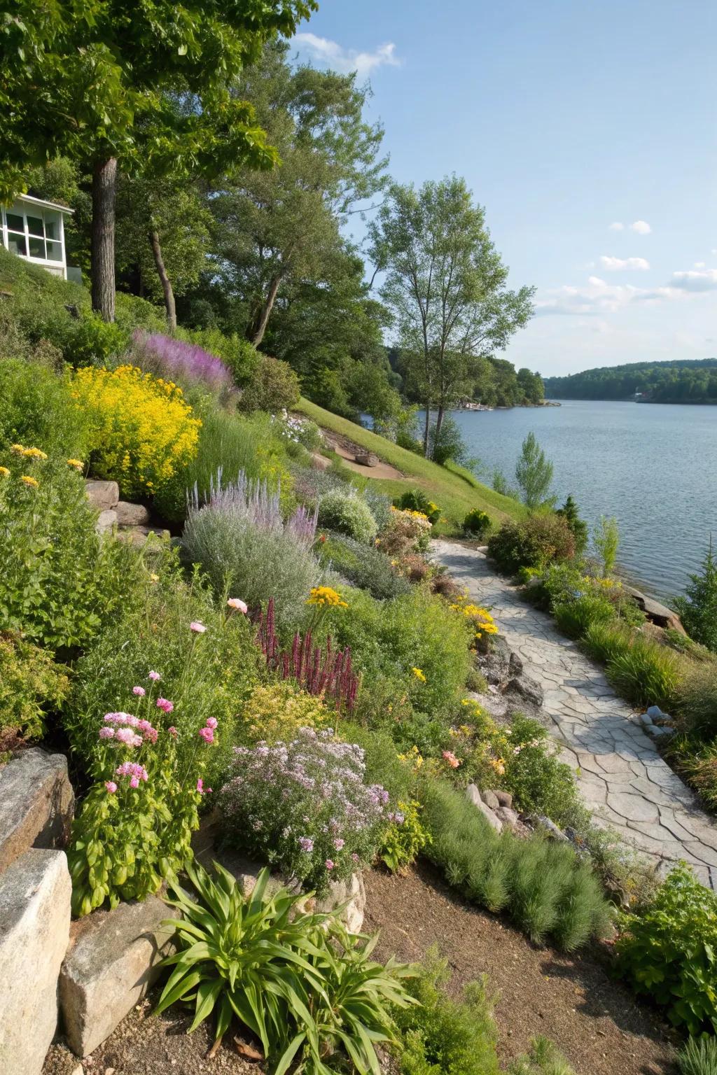A bright native plant garden grows well on a lakeside slope.