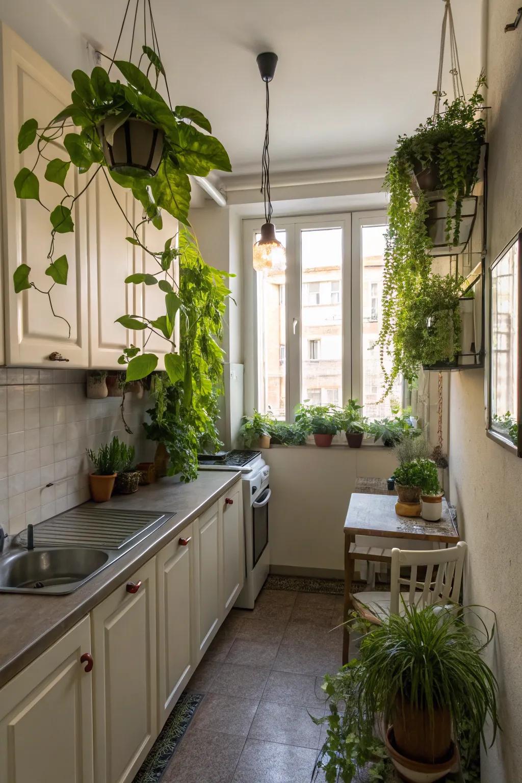 Hanging plants add life and pops of color to small areas.
