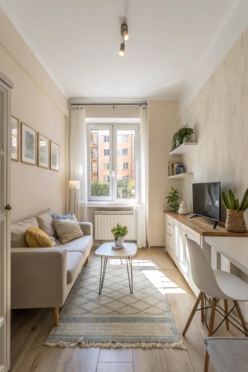 Pale tones cultivate an airy and roomy environment in a compact apartment.
