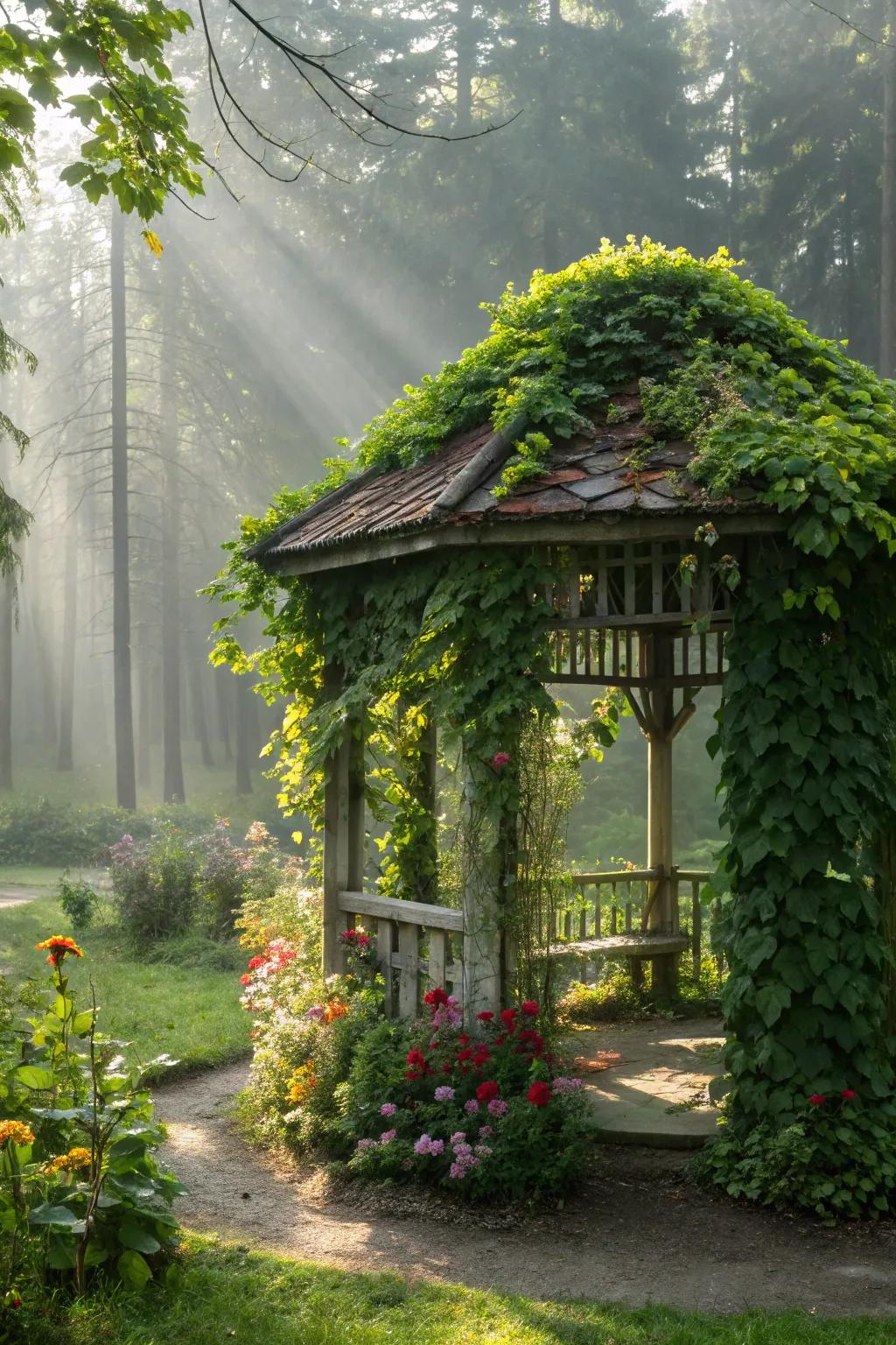 Surround your pavilion with abundant plants for a natural touch.