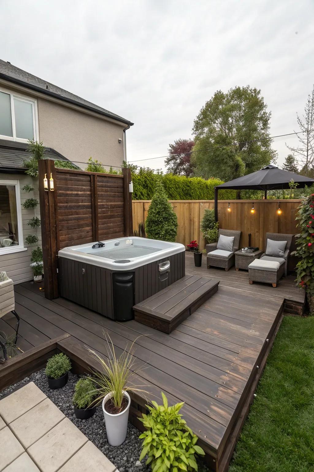 A small backyard featuring a hot tub integrated into an elegant deck for an elevated appearance.