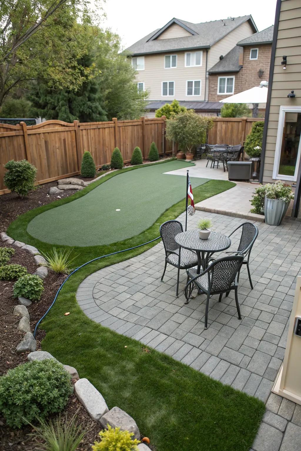A putting green creatively integrated with a patio for a versatile outdoor space.