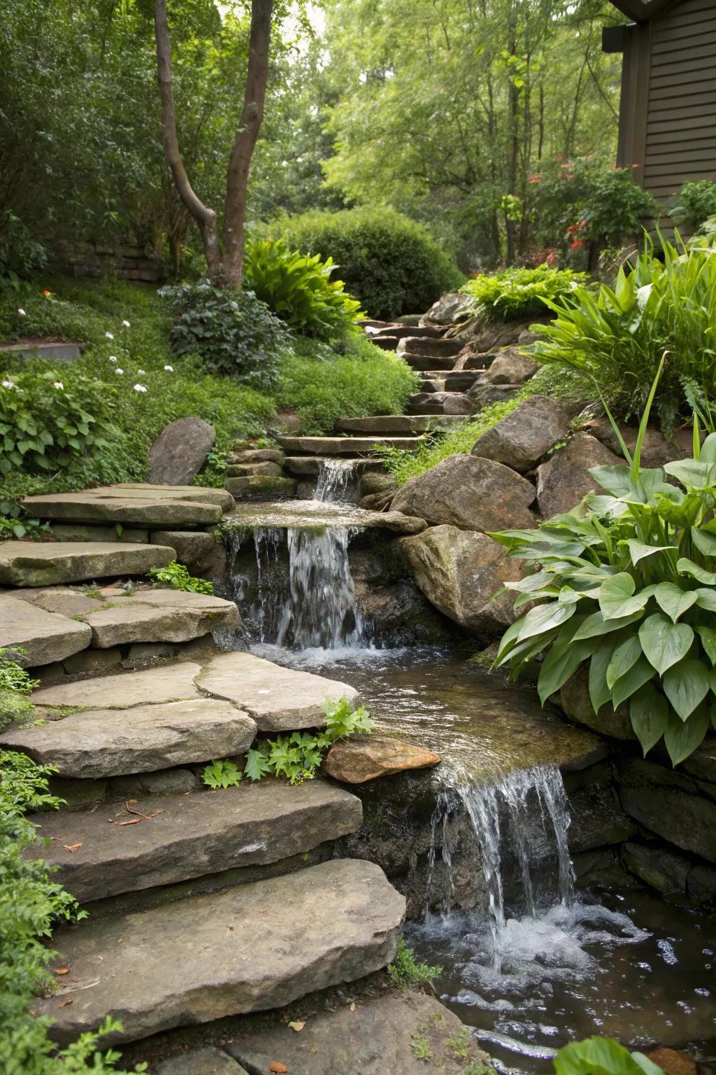 A graduated stone cascade delivers a straightforward yet elegant water element.