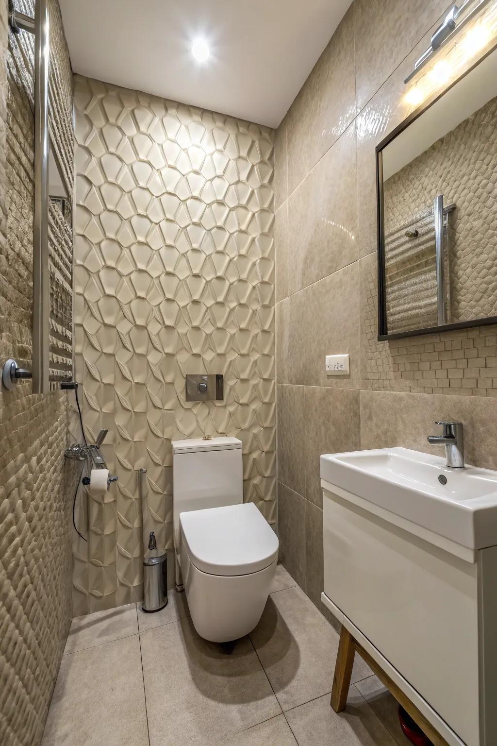 Textured tiles impart a natural sensation and depth to small spaces.