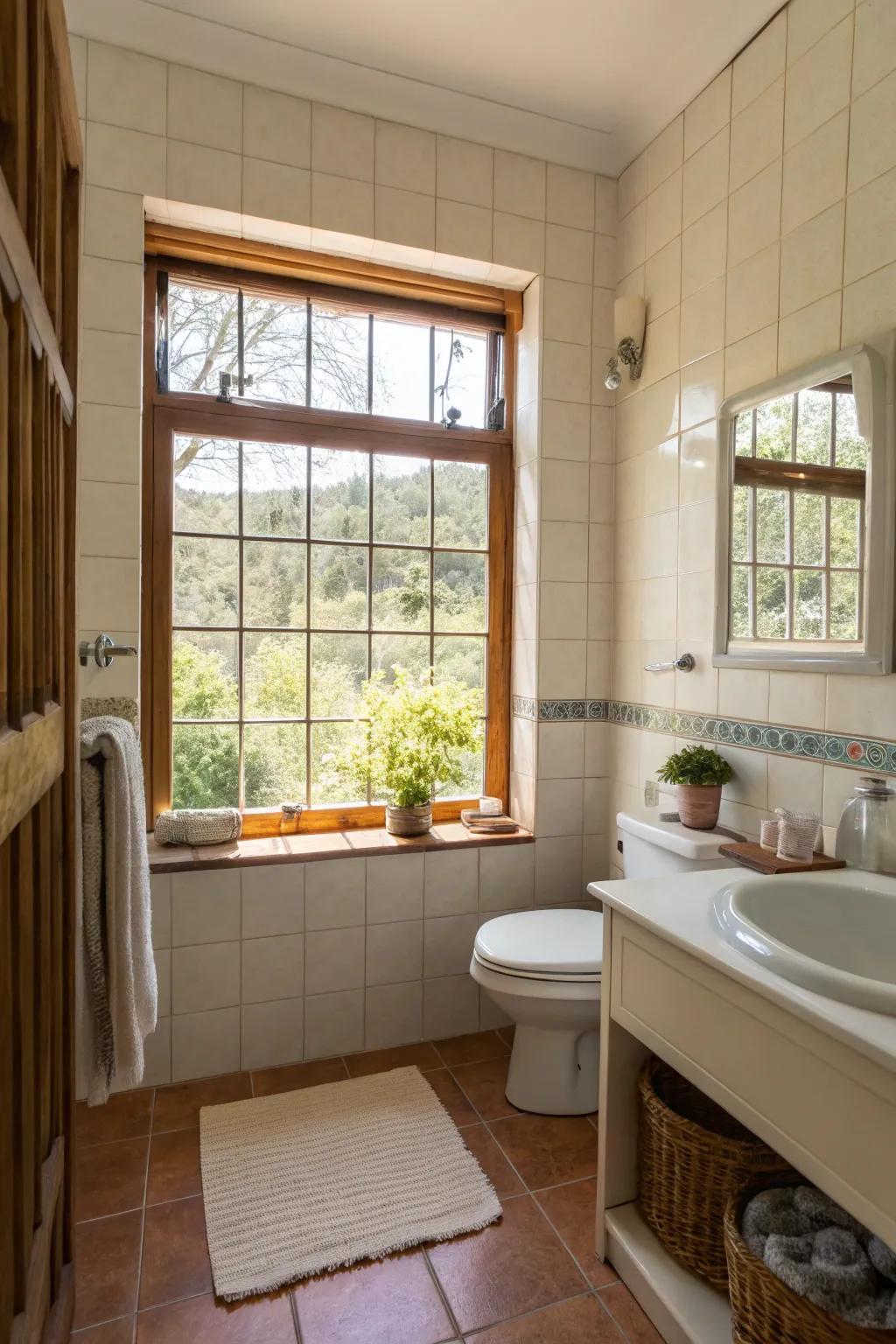 Utilizing sunlight to improve a small bathroom's spaciousness.