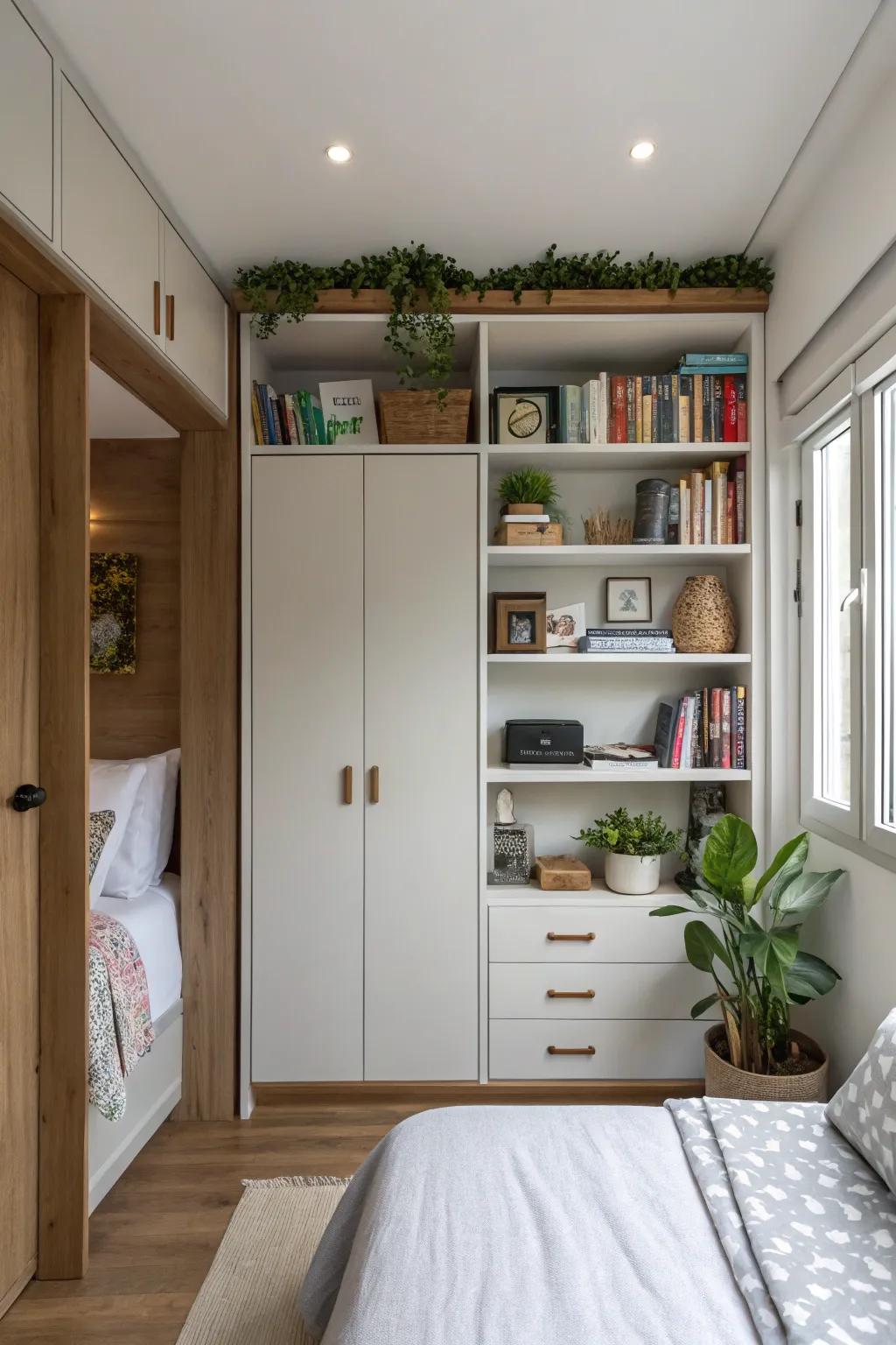 A small bedroom making use of vertical shelving and cabinets for effective storage.