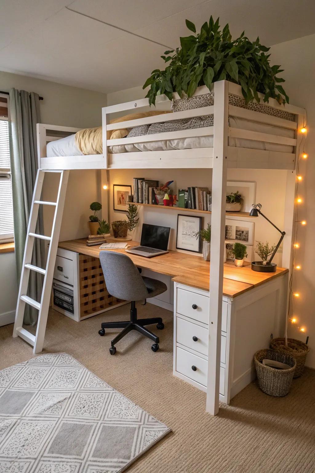 Elevated beds create room for work or relaxation.