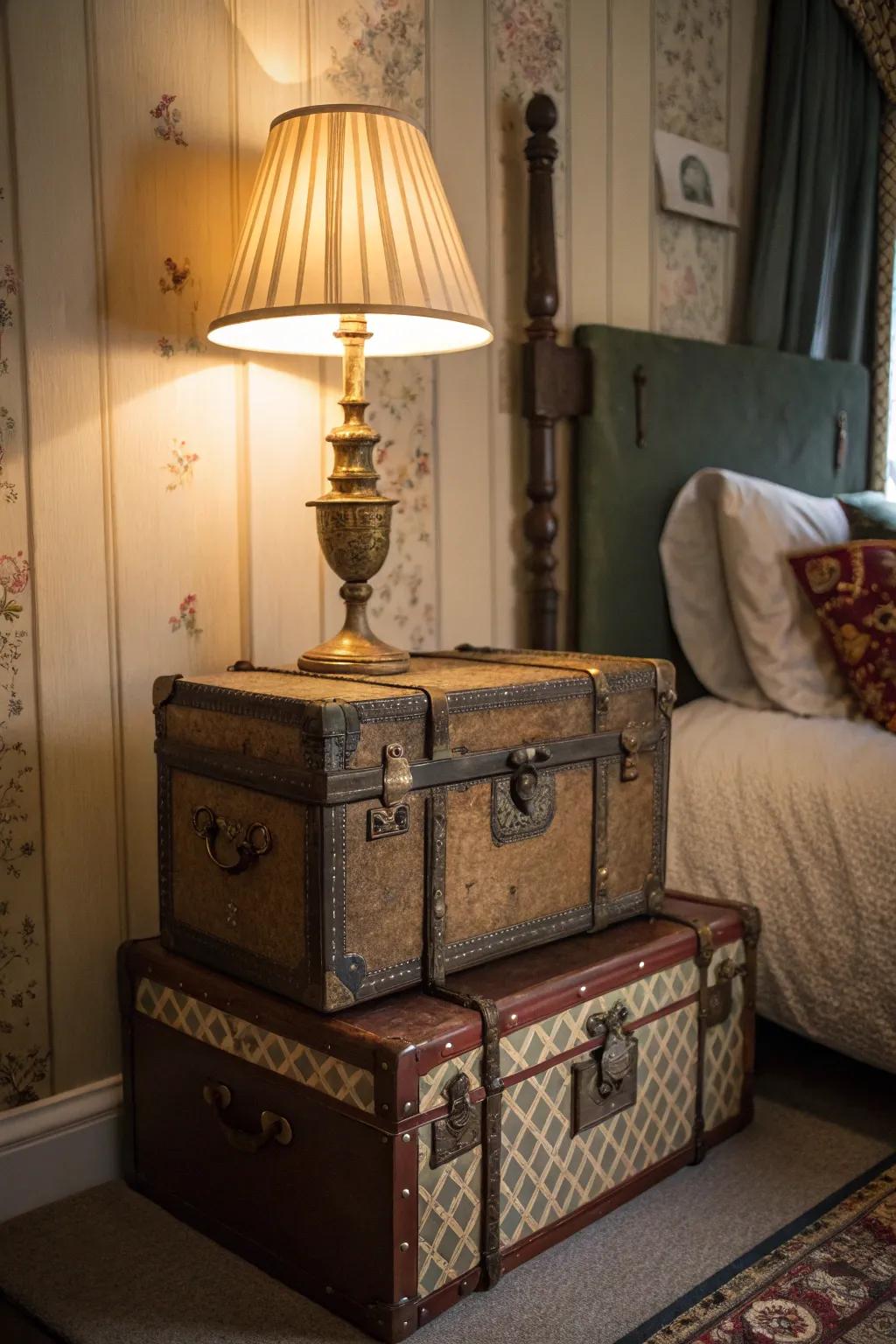 Stacked vintage trunks act as a fashionable and practical bedside table.