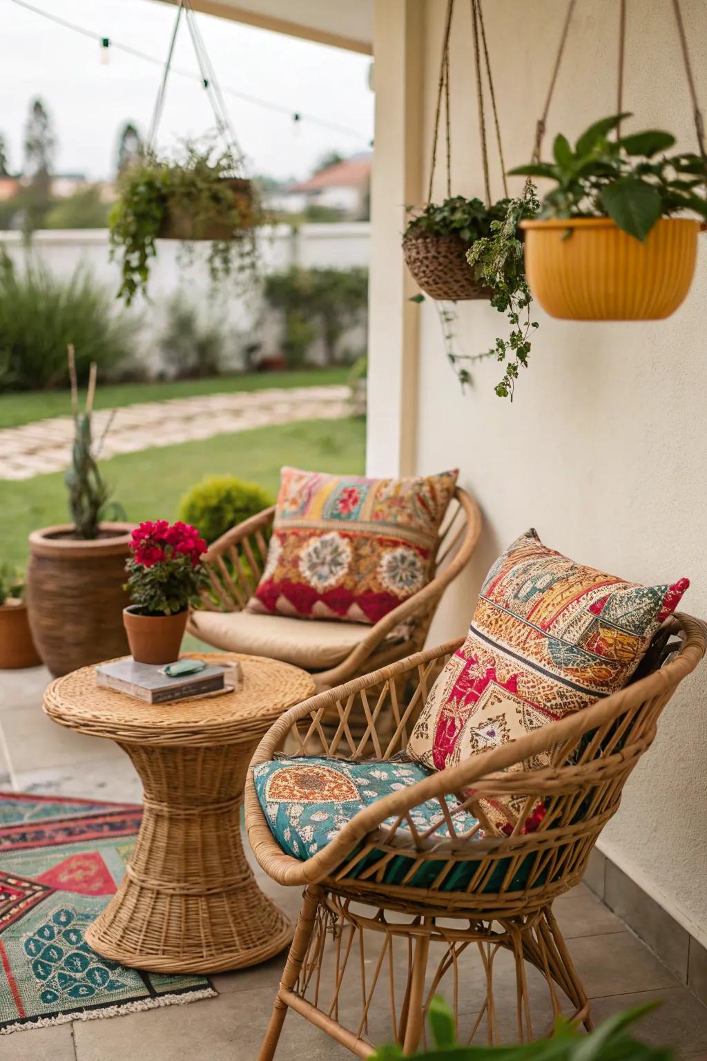 Rattan and wicker bring rustic charm to a boho patio.