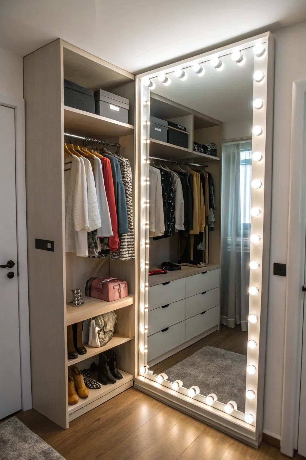 A mirror with lighting enhances both style and use.
