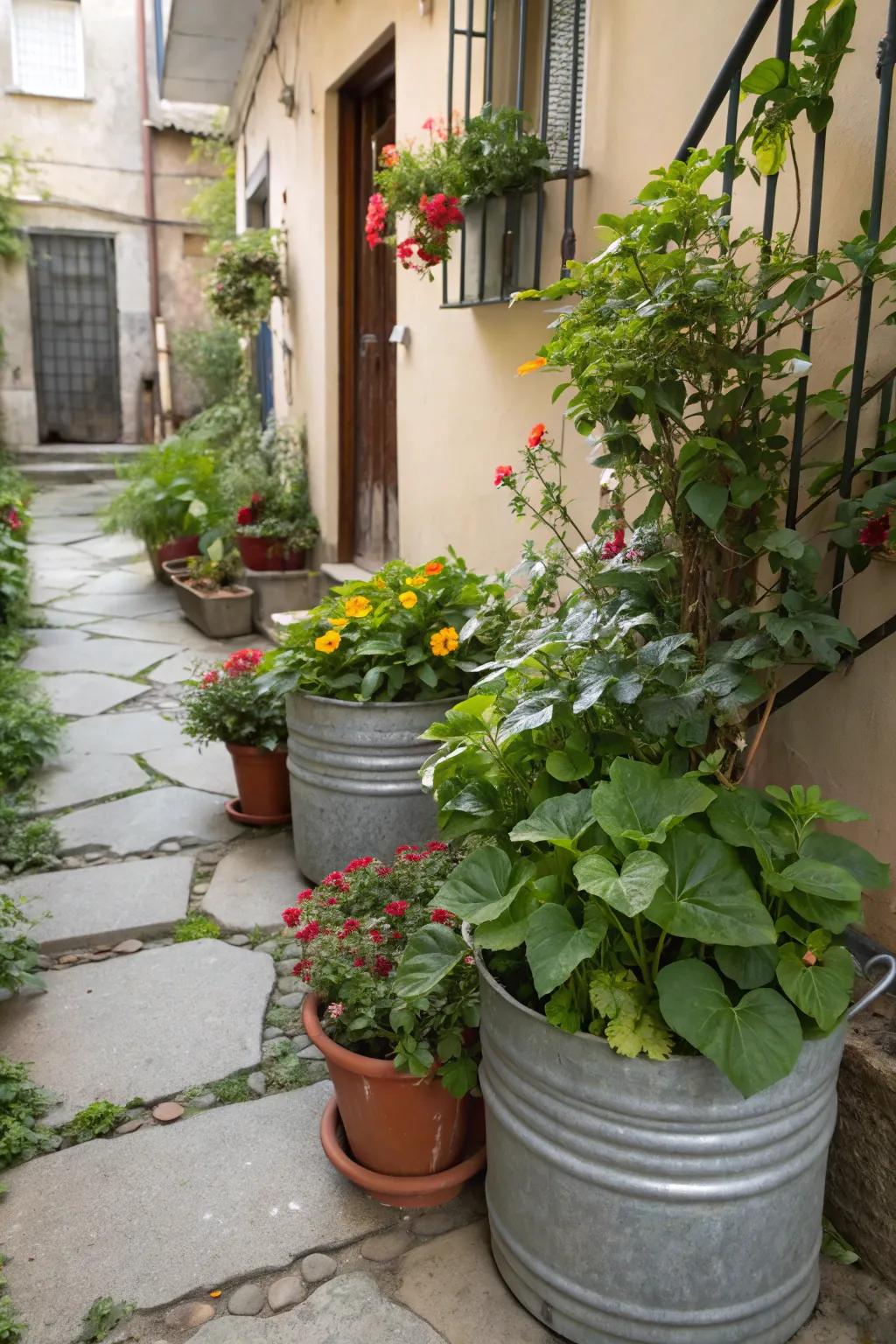 Reused containers serve as unique and affordable planters.