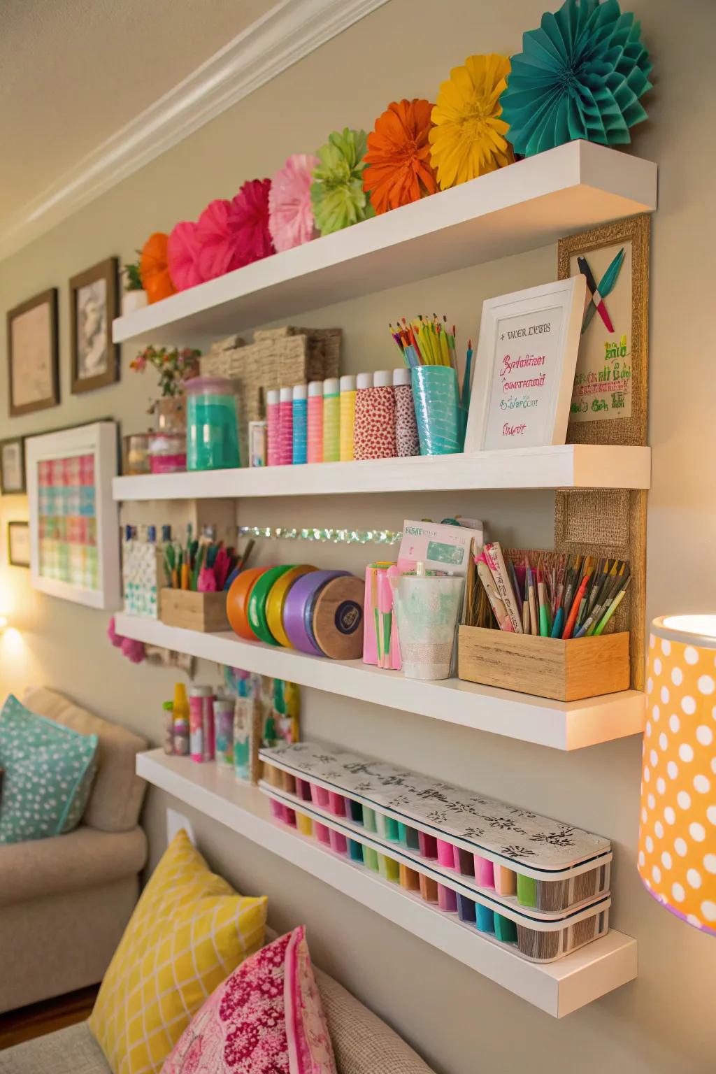 Wall shelves offer storage without taking up floor space.