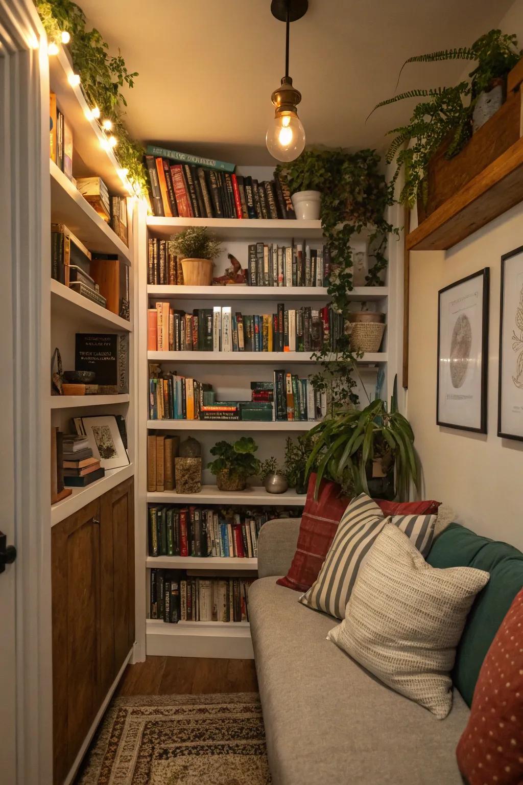 Integrated shelves maximize storage in a small den.