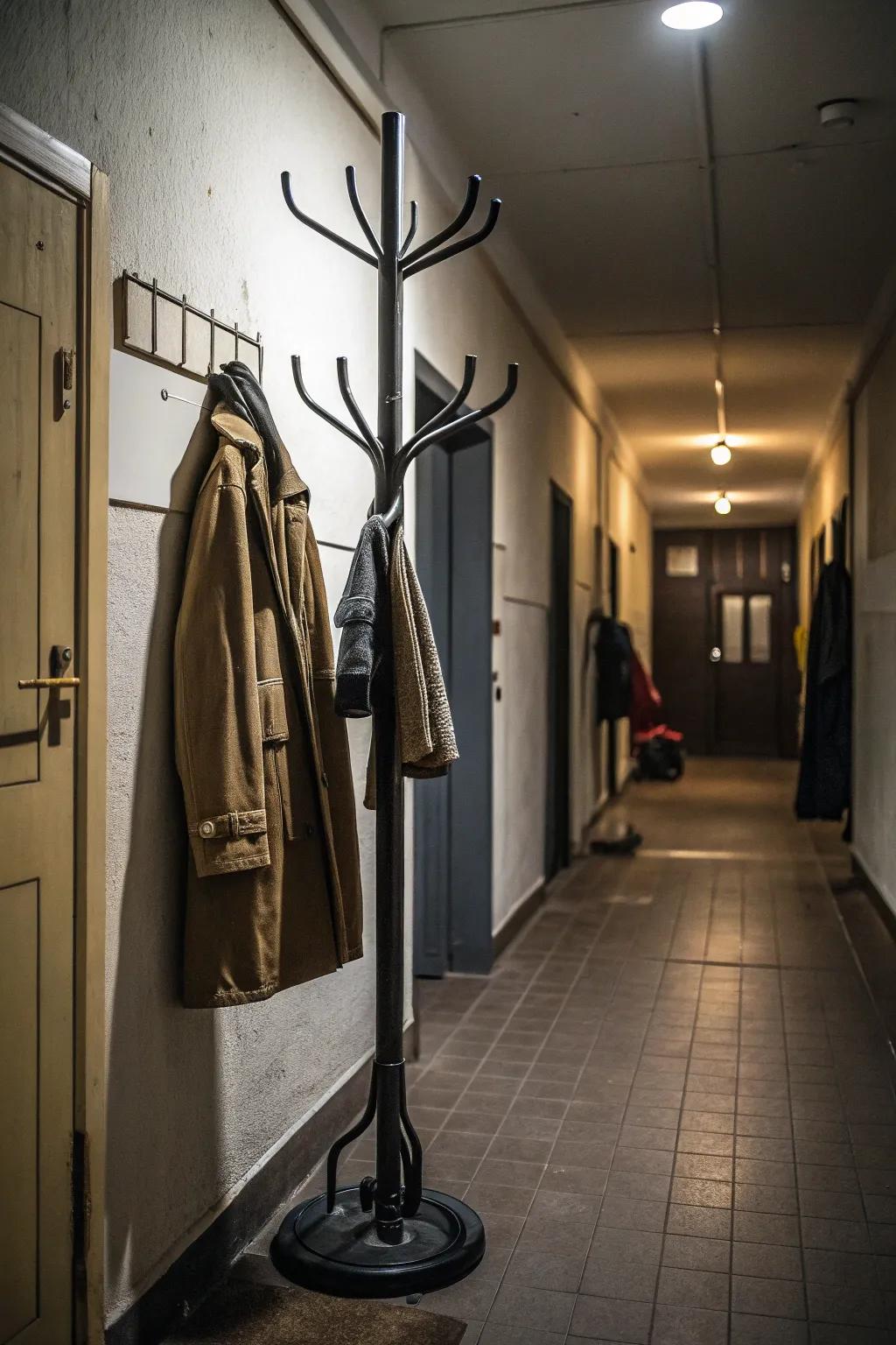 A space-friendly coat stand perfect for narrow hallways.