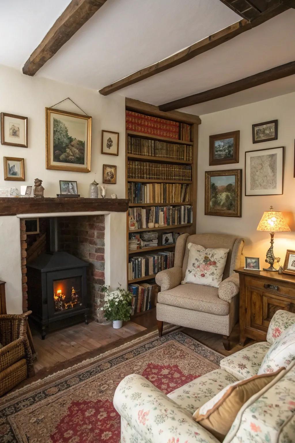 Vintage decor, featuring bookshelves and framed pictures, enriches the room's history.