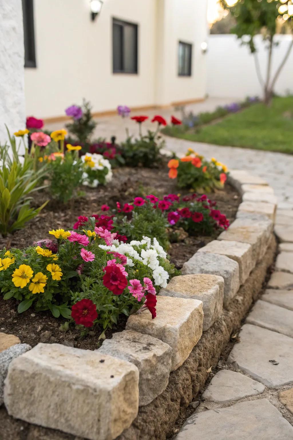 A well-maintained compact flower bed with clearly defined stone borders and colorful flowers.