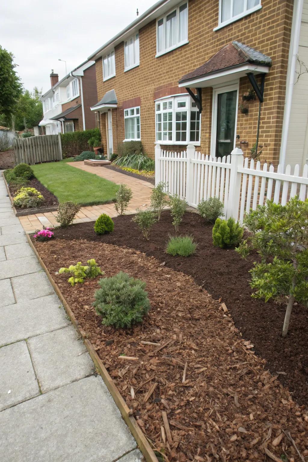 A well-kept front garden featuring mulch covering plant beds for easy upkeep.