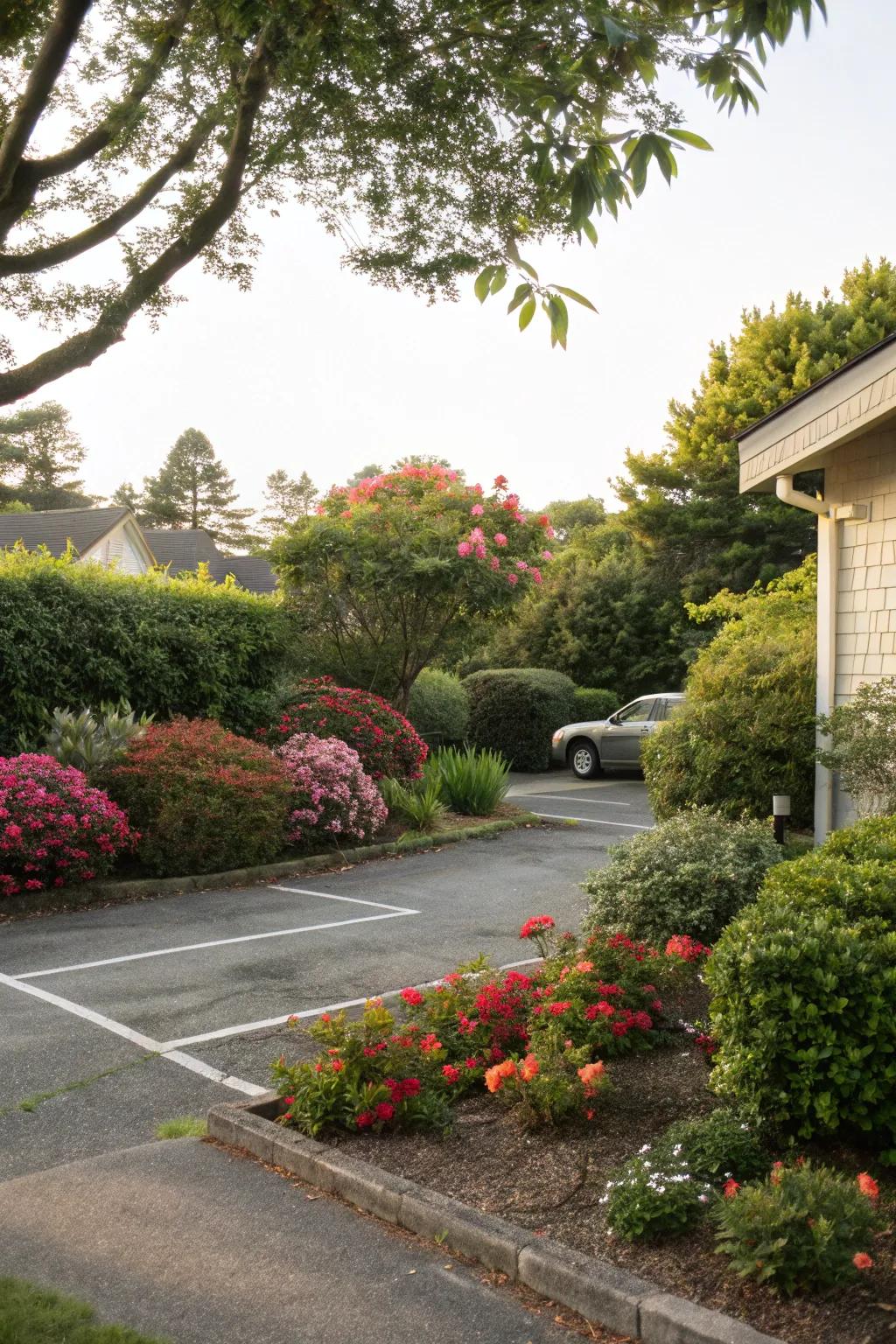 Integrate landscaping to meld parking zones with the garden.