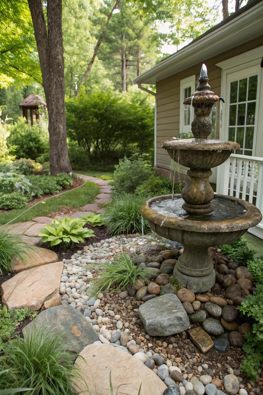 Pebbles and stones create a natural, tranquil oasis.