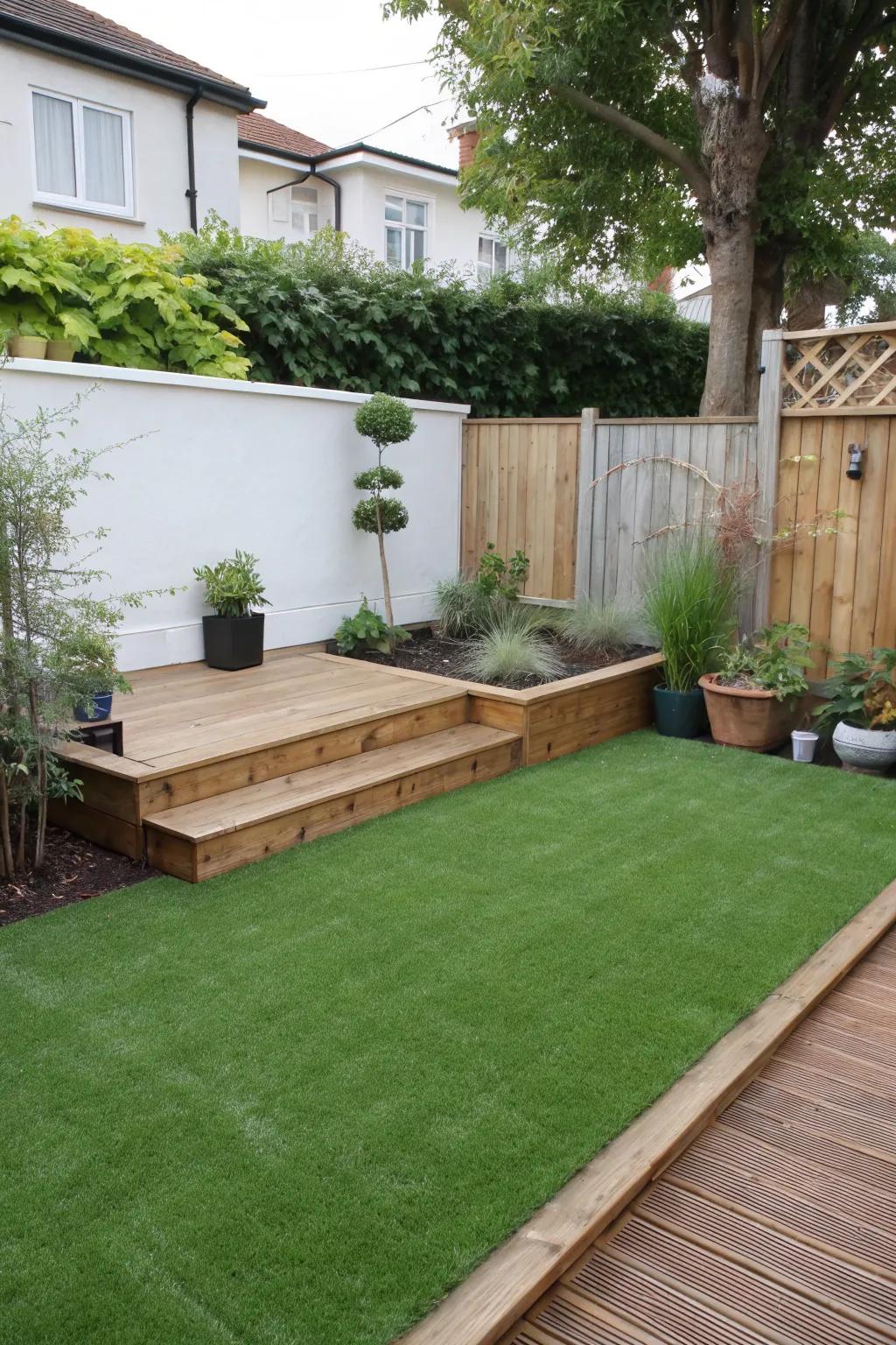 A multi-level garden feature using artificial turf and a wooden platform.