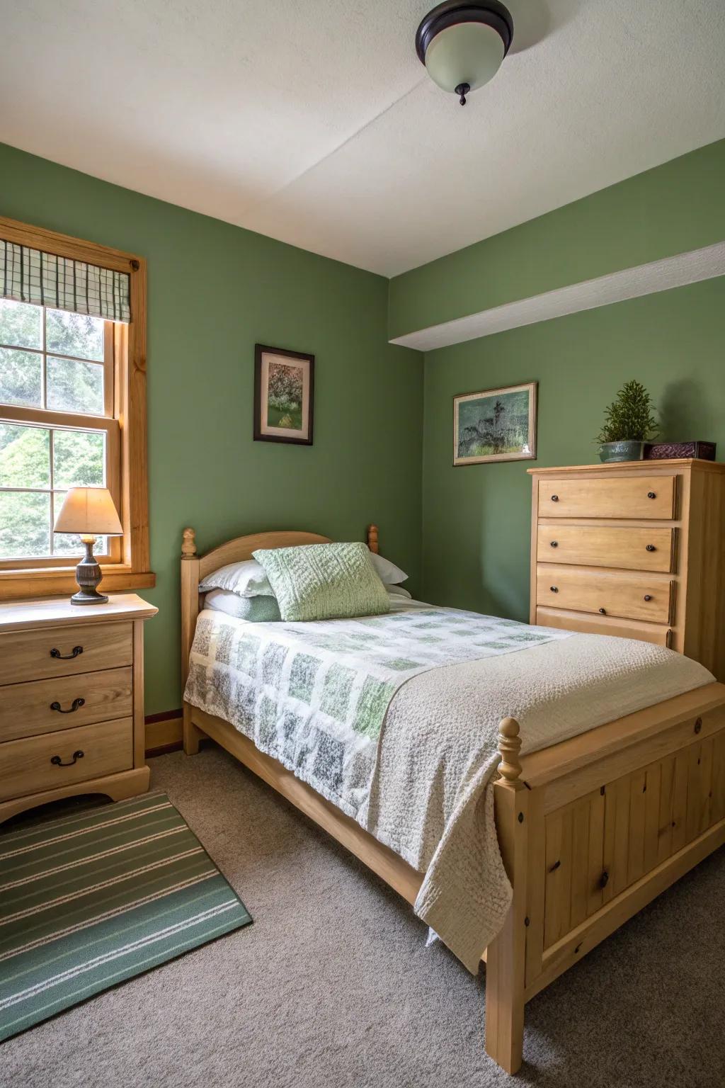 Light timber furniture adds warmth to a verdant bedroom.