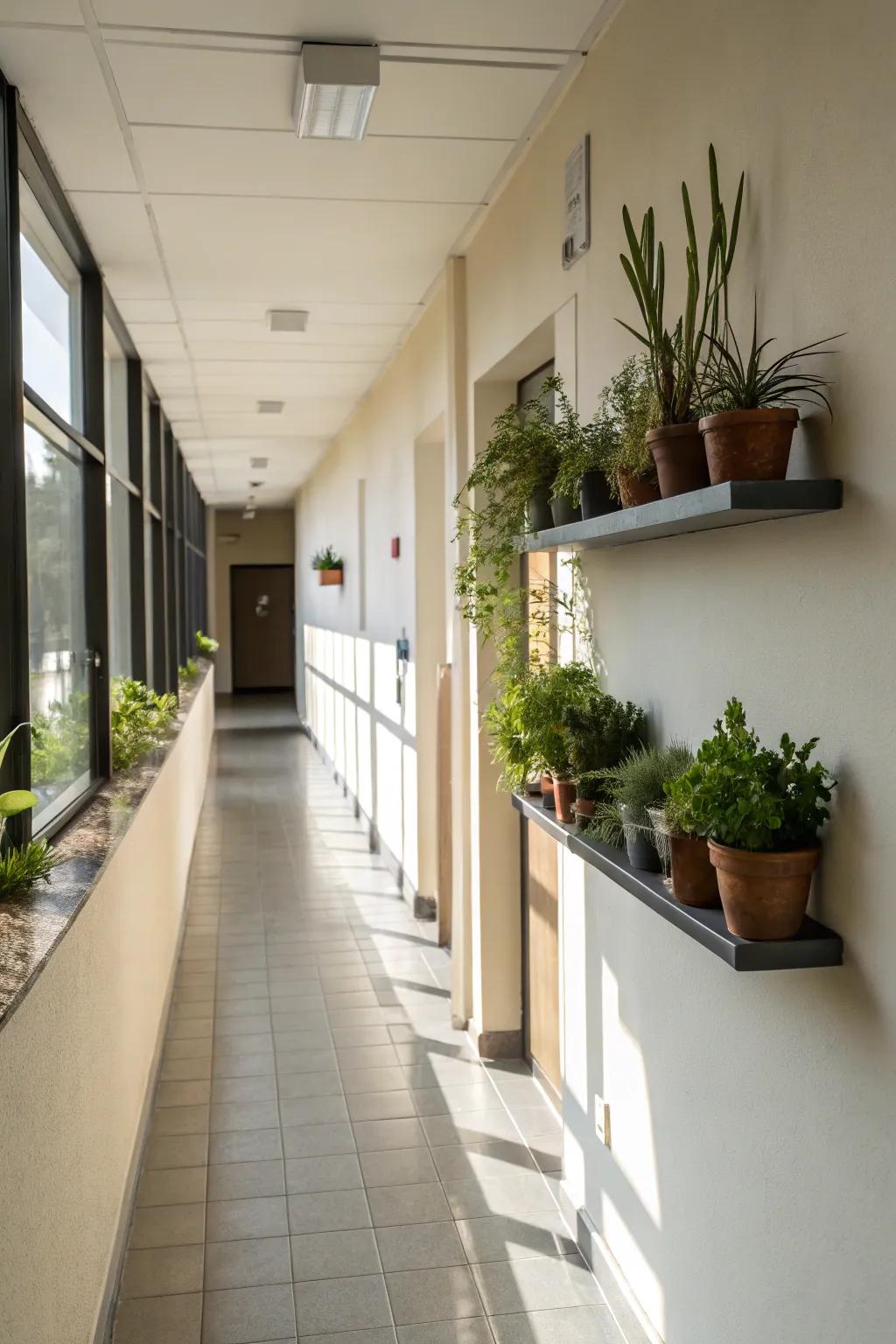 Strategically positioned greenery introduces a sense of freshness and vitality to your hallway.