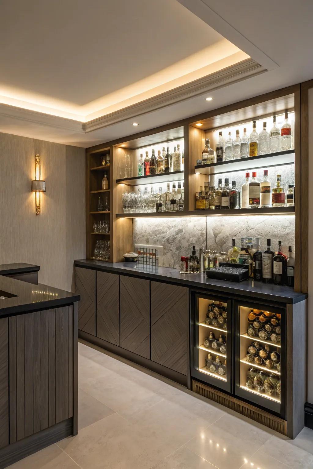 Accent lighting can greatly enhance the atmosphere of your home bar.